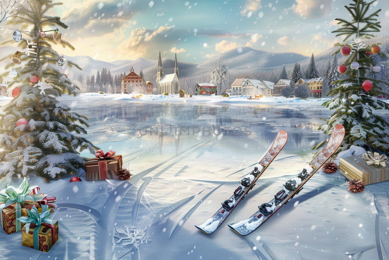 A serene winter landscape featuring skis, a frozen lake, and festive gifts under snow-covered trees.