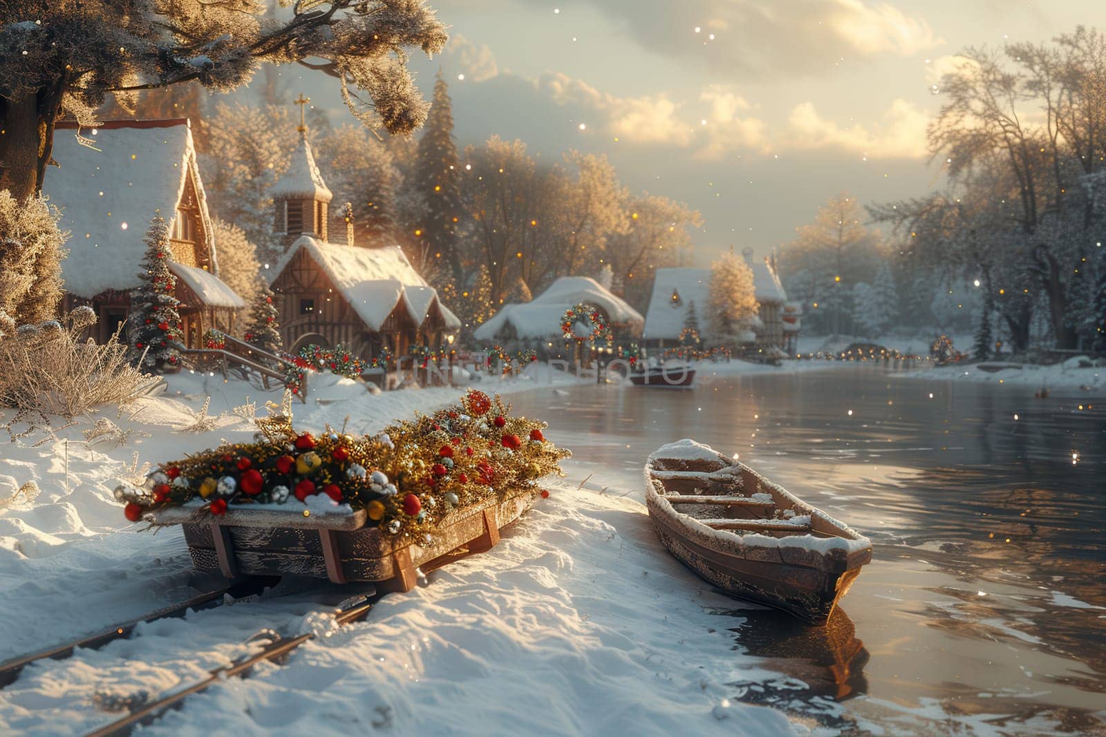 A serene winter landscape with charming cottages, a winding river, and a sled filled with vibrant flowers
