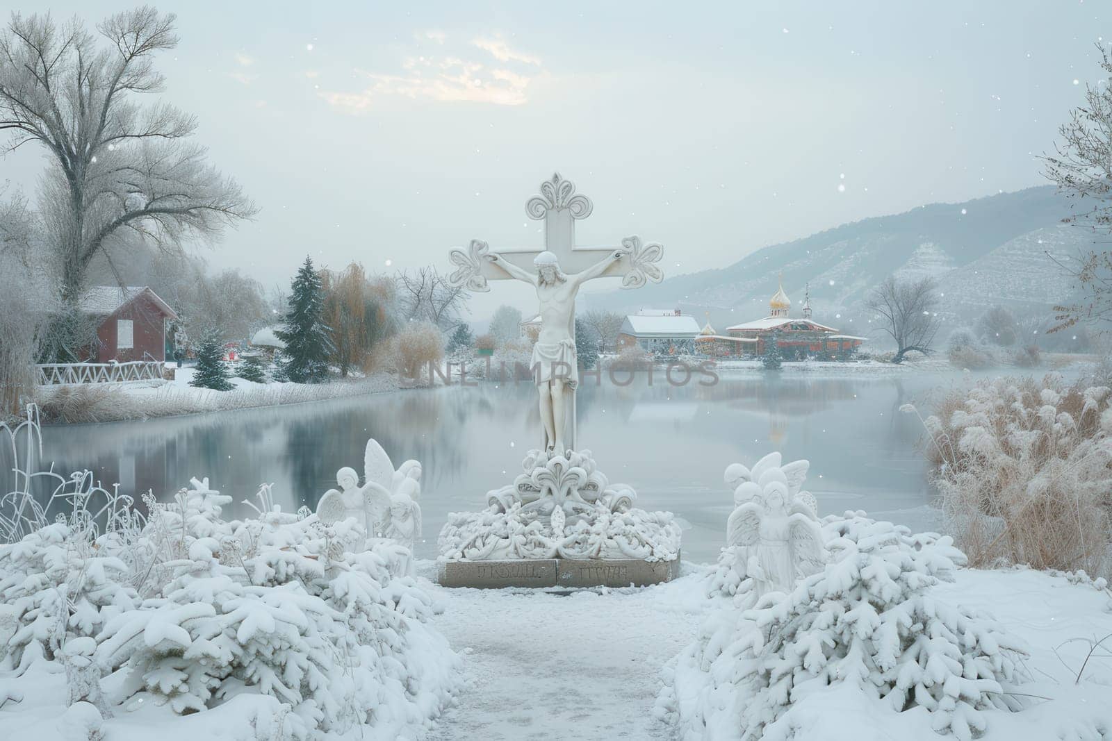A serene winter scene showcasing a beautiful religious statue set amidst a breathtaking, snowcovered nature