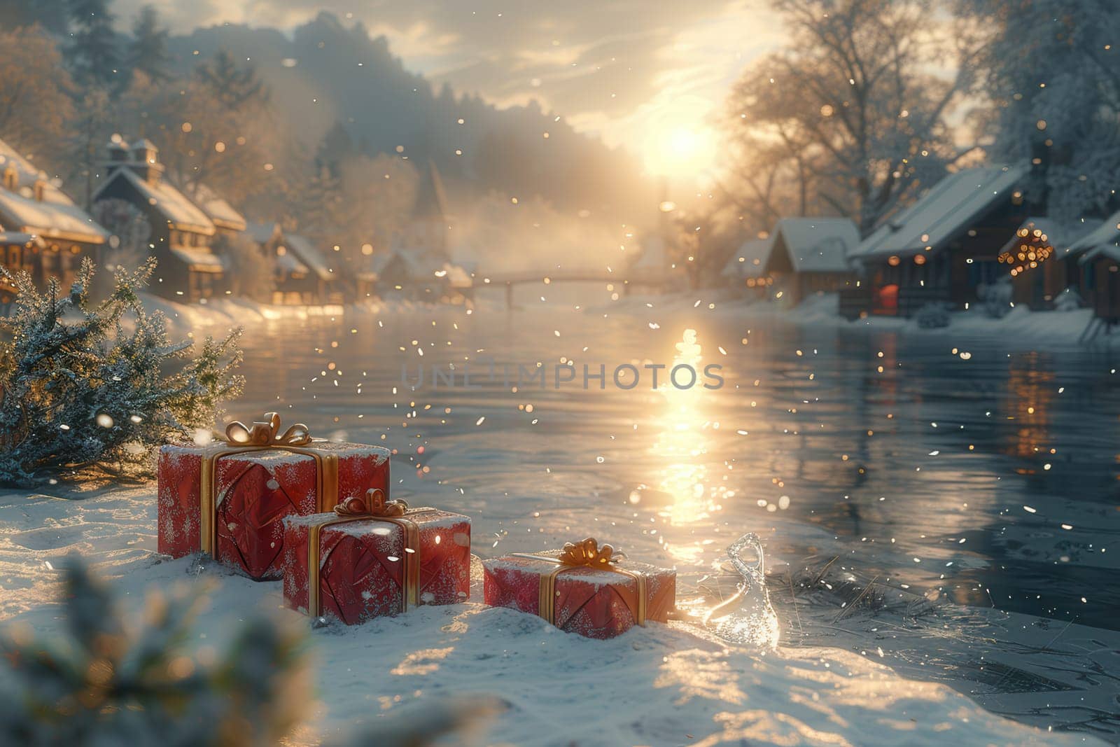 Gifts wrapped in beauty sit on fresh snow by a tranquil river, capturing the festive holiday spirit