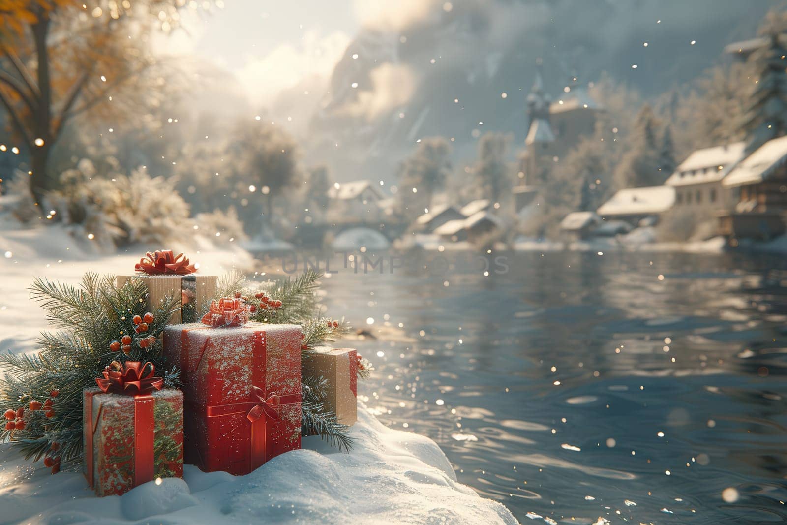 A beautifully serene winter landscape that includes brightly wrapped presents, soft snow, and a peaceful, flowing river