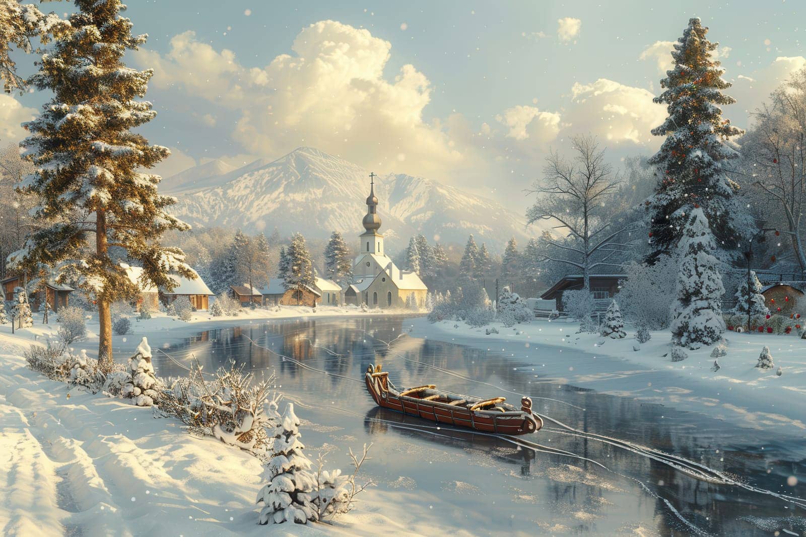 A serene winter scene shows a snowy river through a quaint village with majestic mountains in the backdrop