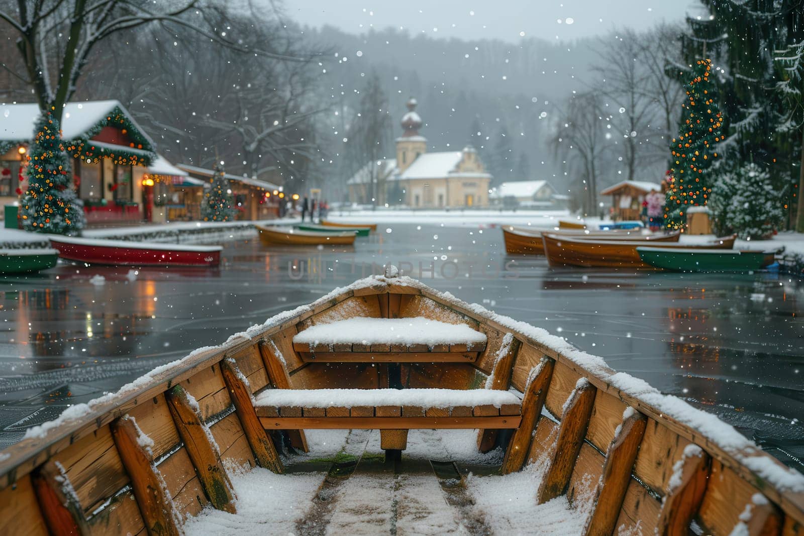 A stunning and picturesque winter setting featuring beautifully snowcovered boats resting on a tranquil lake