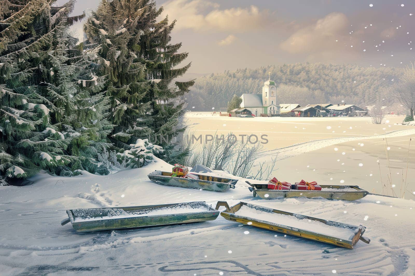 Sleds are peacefully resting in a serene snowy landscape, with a charming picturesque farm in the background