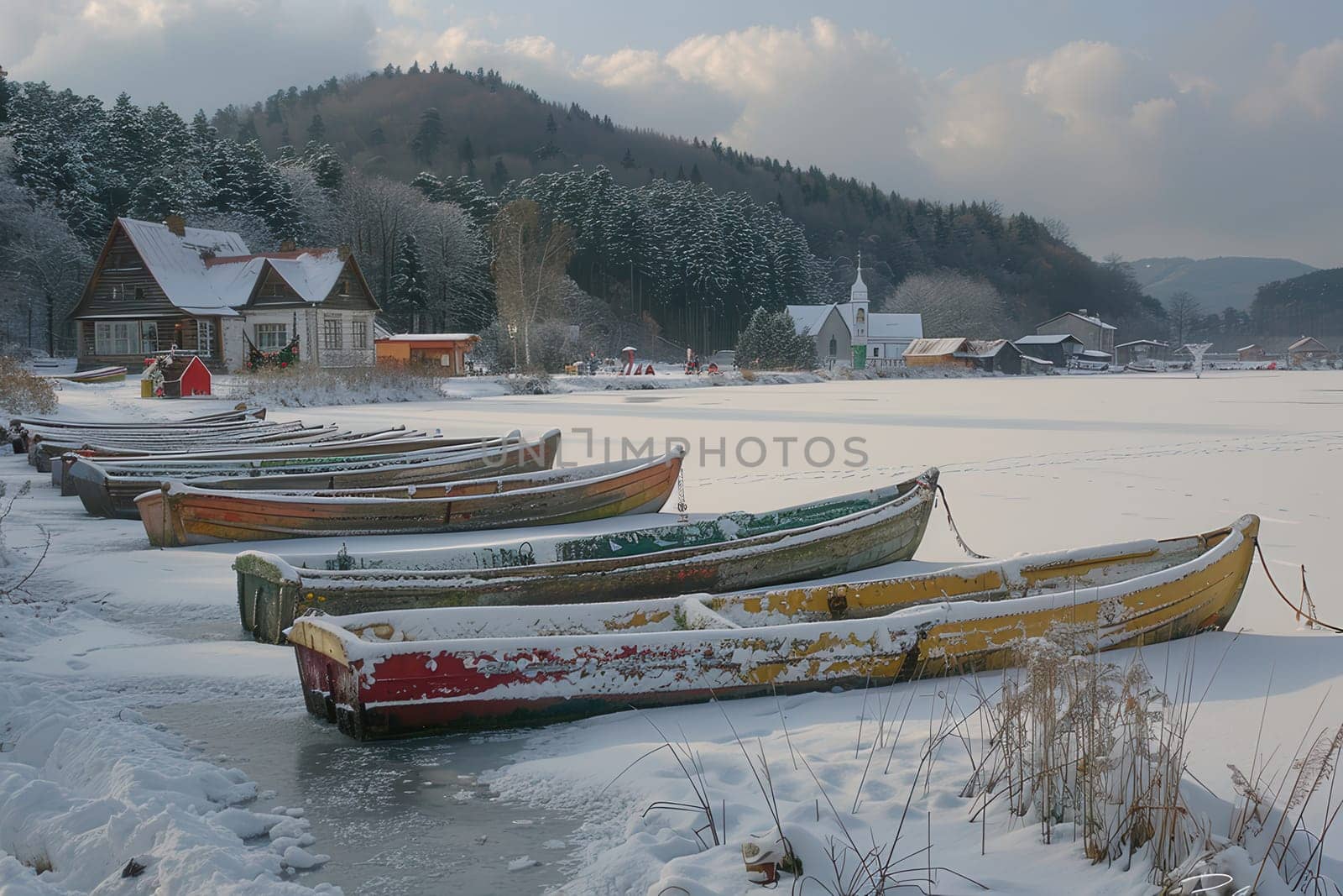 In a serene winter landscape, colorful boats rest on a frozen lake with snowcovered hills in the background