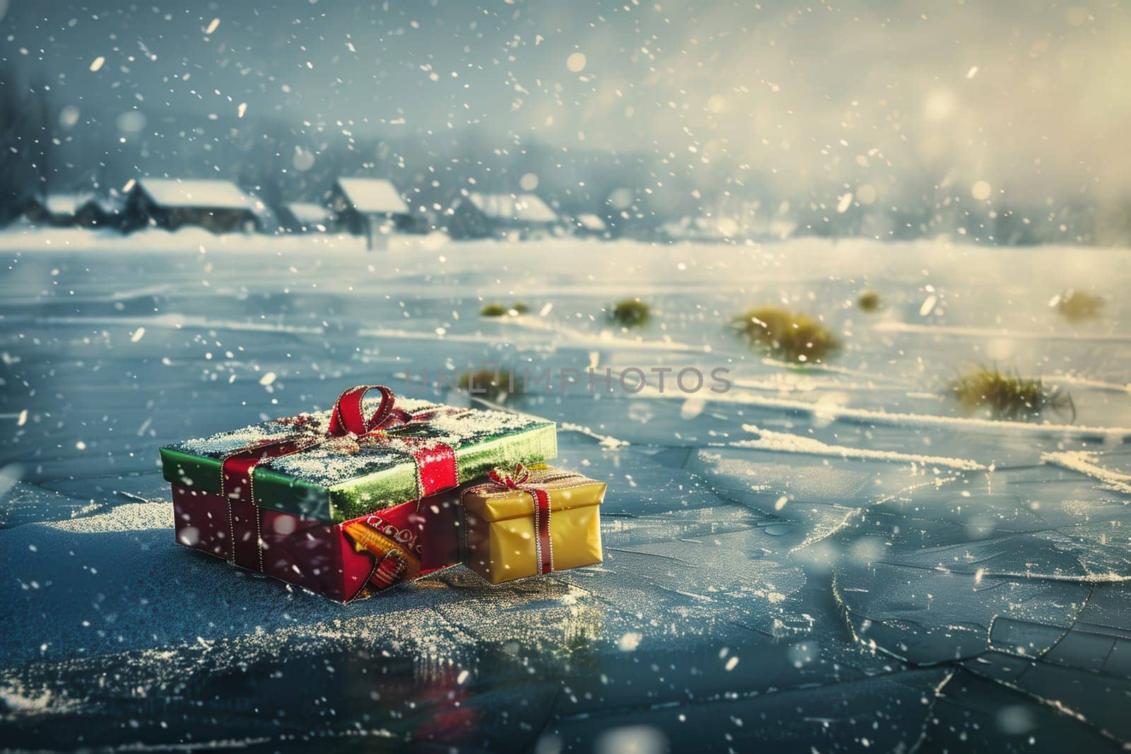 A delightful and charming winter scene showcasing beautifully wrapped gifts surrounded by gently falling snowflakes