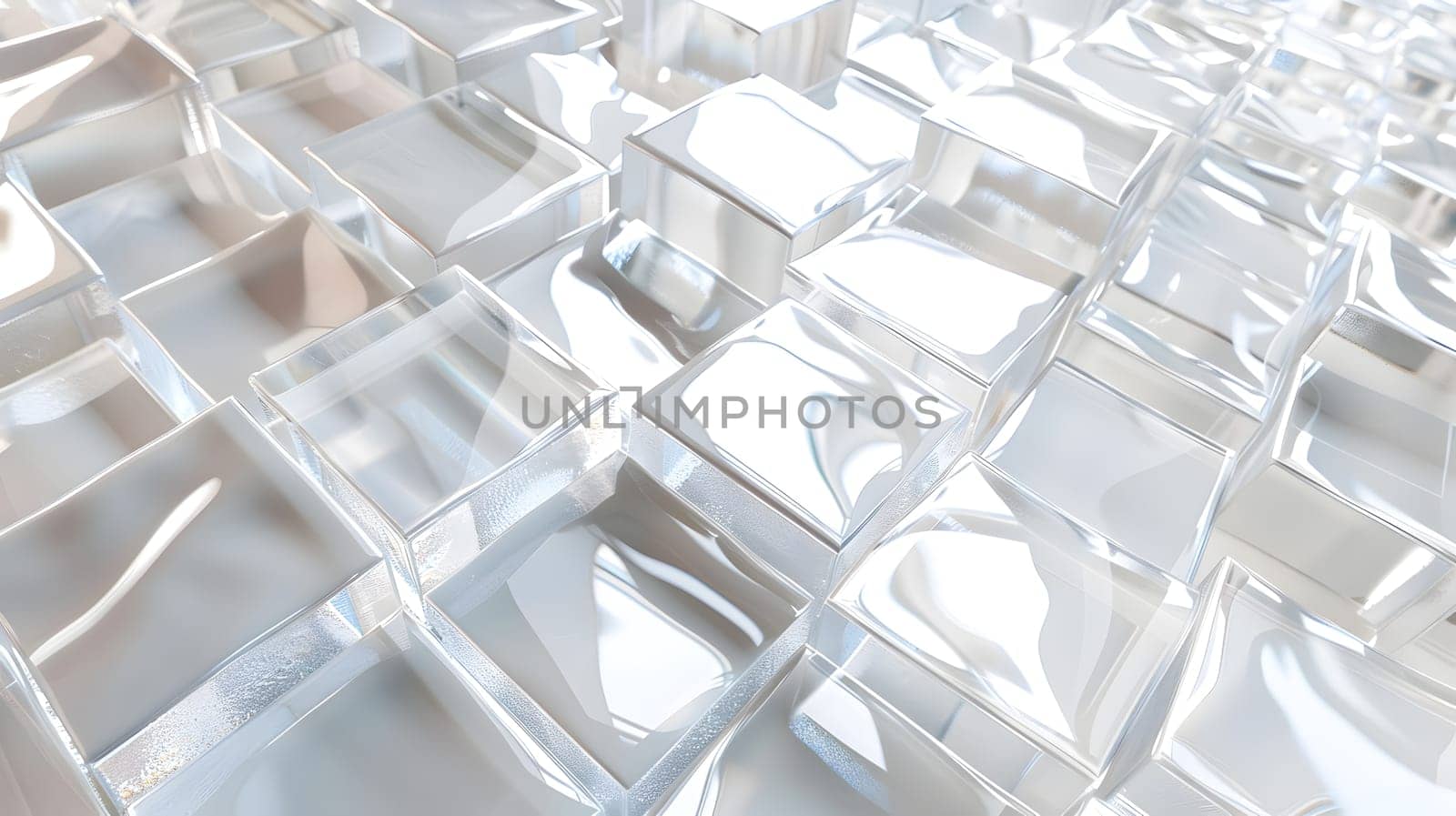 A close up of a rectangular pattern of clear ice cubes on a grey metal tableware surface, resembling a buildings glass composite material flooring