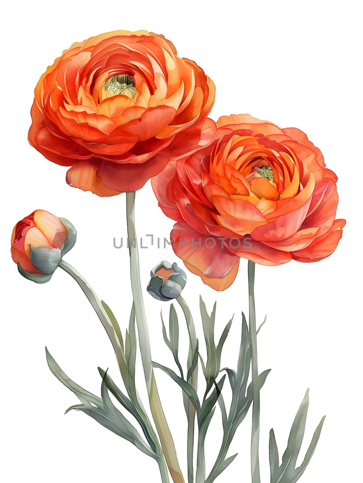 A creative arts piece featuring a watercolor painting of two orange flowers on a white background, showcasing the beauty of botany and floral art