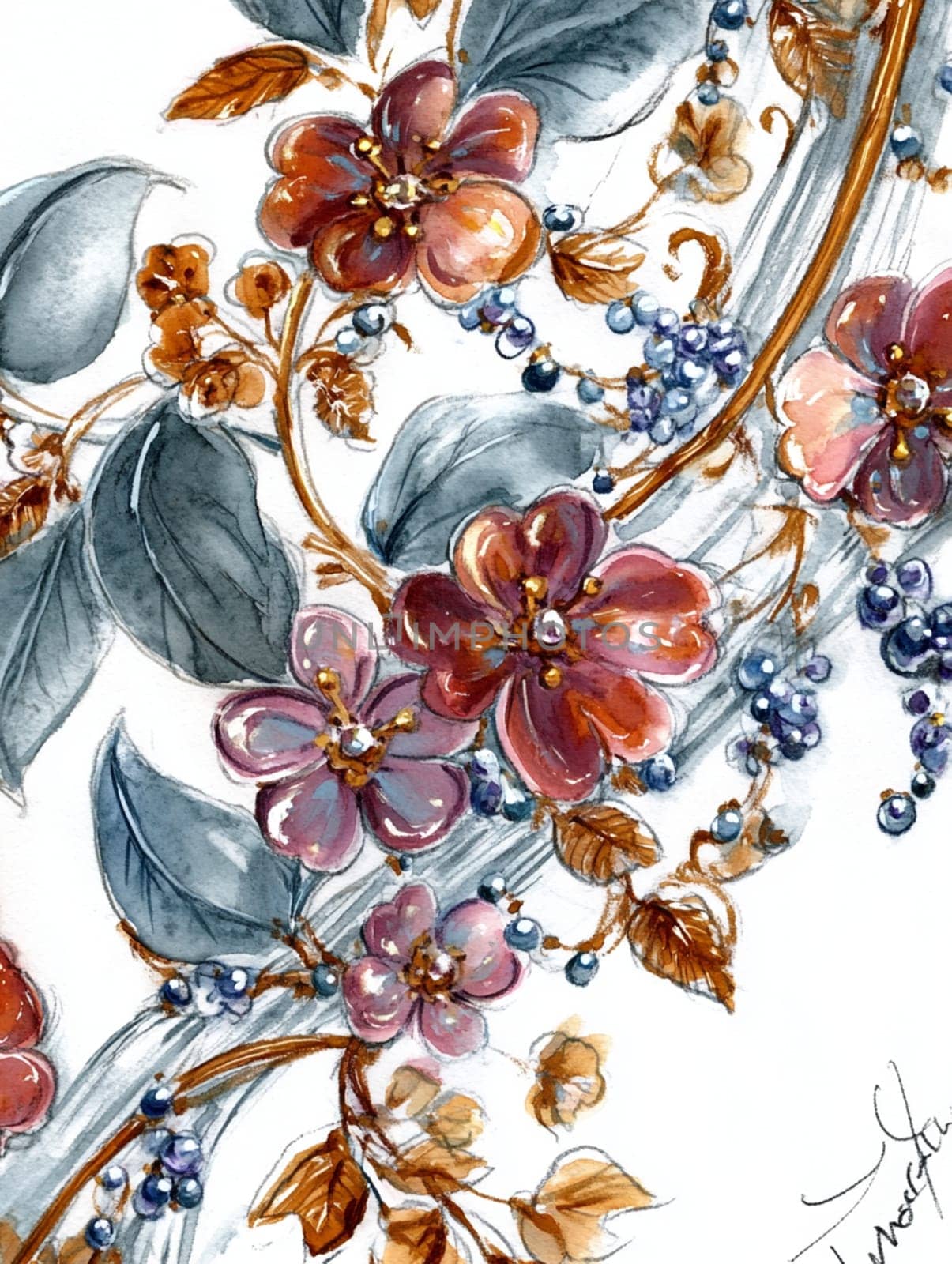 Hand painted watercolor floral arrangement with red and purple flowers, golden branches, and blue berries, adding sophistication to projects