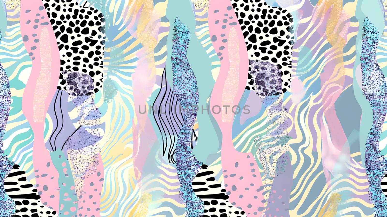 Vibrant abstract pattern combining animal prints and wavy shapes, colorful artwork