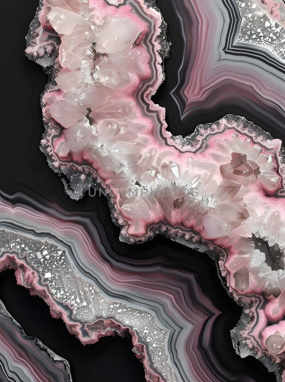 An abstract geode pattern in pink and black with a textured crystal design