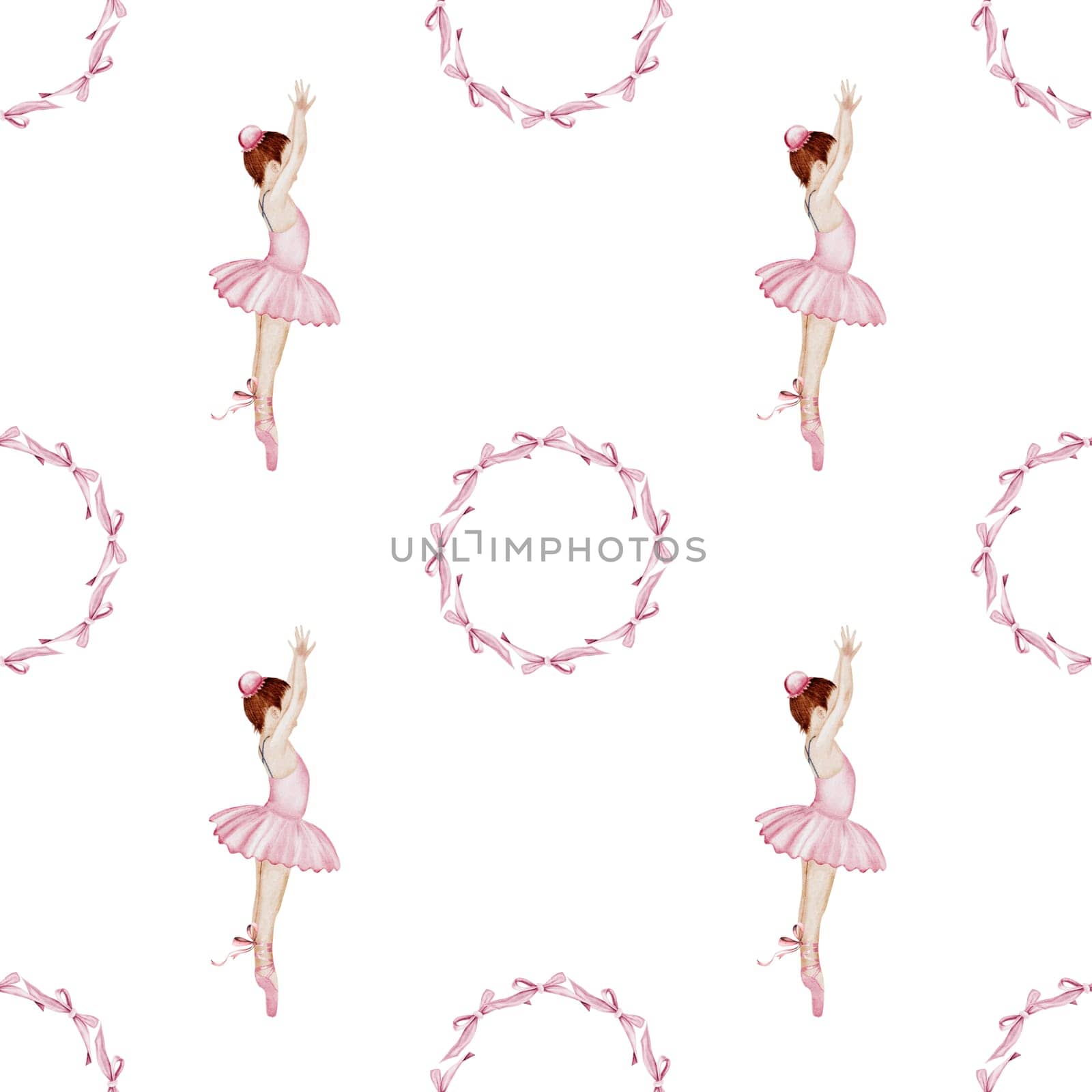 Ballerina watercolor pattern. Hand drawn seamless incredible girl dancer in pink tutu skirt with vintage bows. Clip art on isolated white background of cute ballet beauty.Ideal for baby textiles
