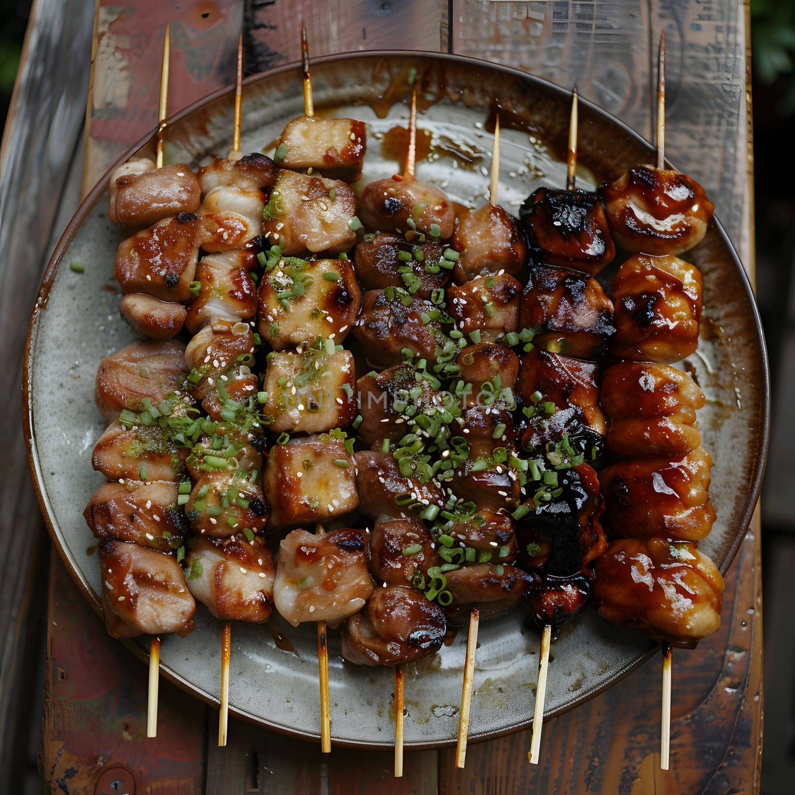 A selection of meat skewers, such as shish taouk, sate kambing, or brochettes, arranged on a rustic wooden table, showcasing a variety of cuisines and fast food options