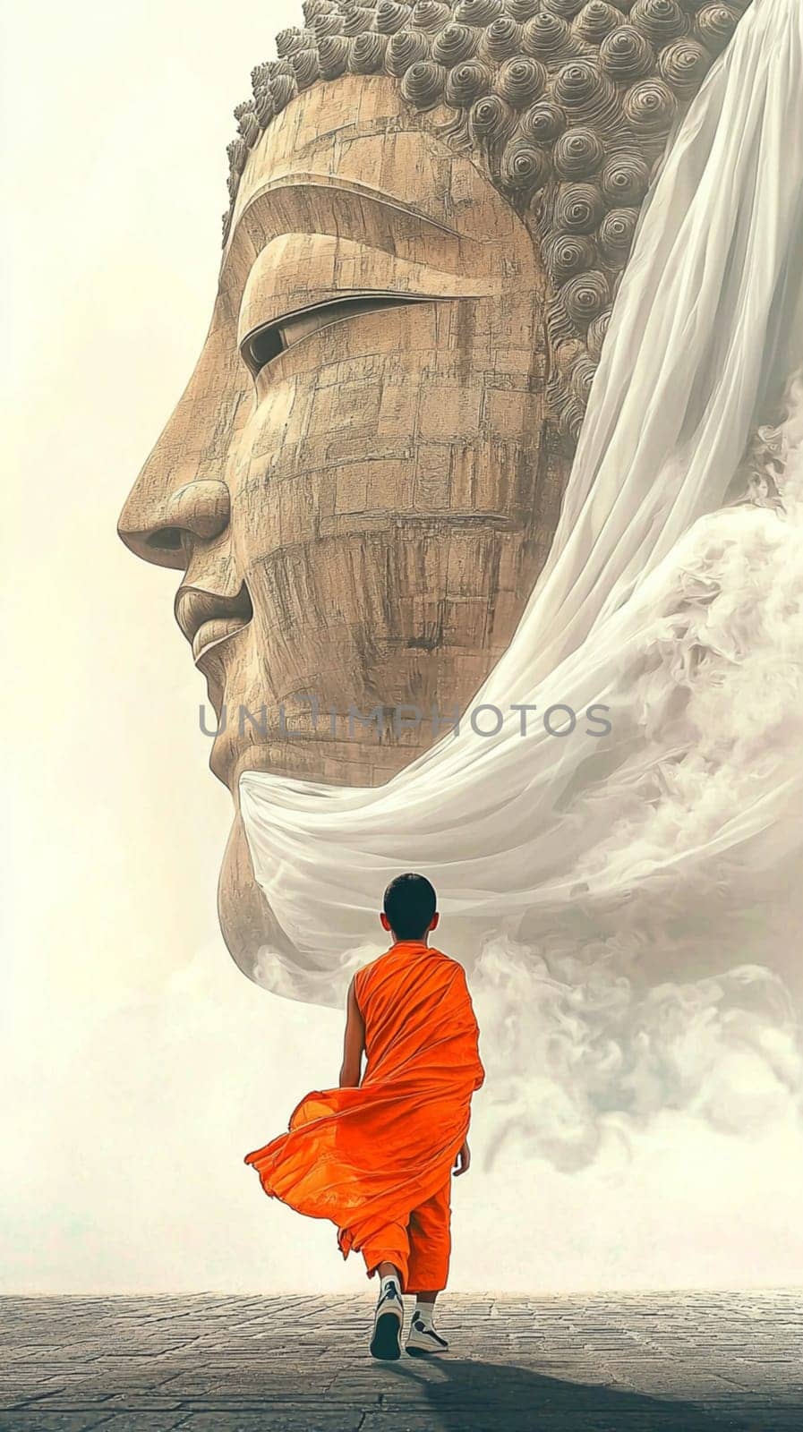 Buddhist monk in an orange robe walks towards a majestic buddha statue. With a white cloth flowing in the wind. The serene scene captures asian spirituality and culture. Offering peace and harmony