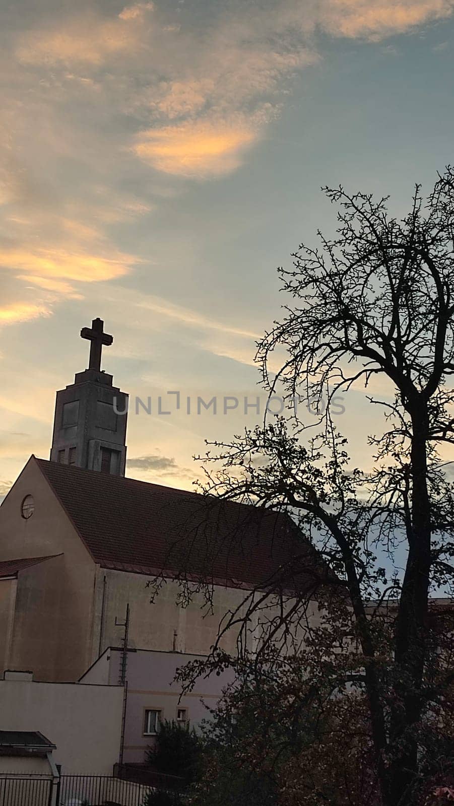 October 23 2024 Hradec Kralove Czech Republic Europe Church of the Heart of God in Art Nouveau style center old city architecture building cross religion, sunset. High quality photo