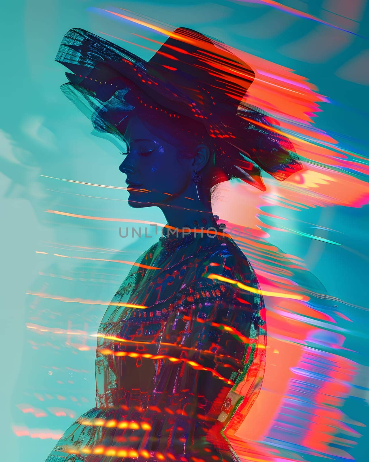 Silhouetted woman in a futuristic hat and dress with neon lights blur.