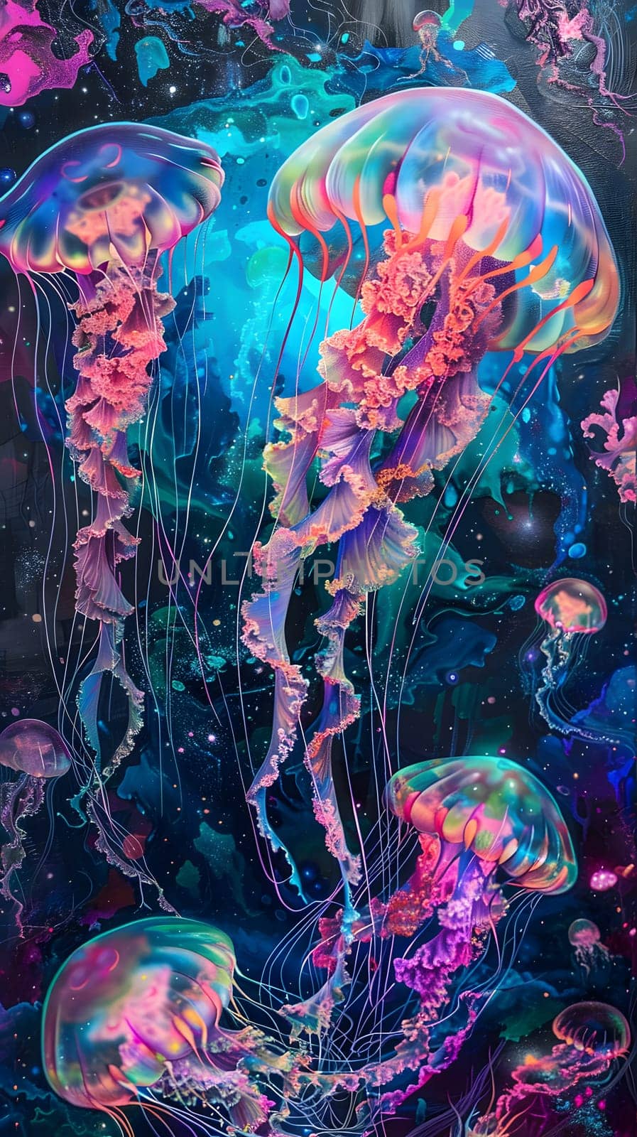 Vibrant neon jellyfish swimming in dark underwater environment, glowing lights.