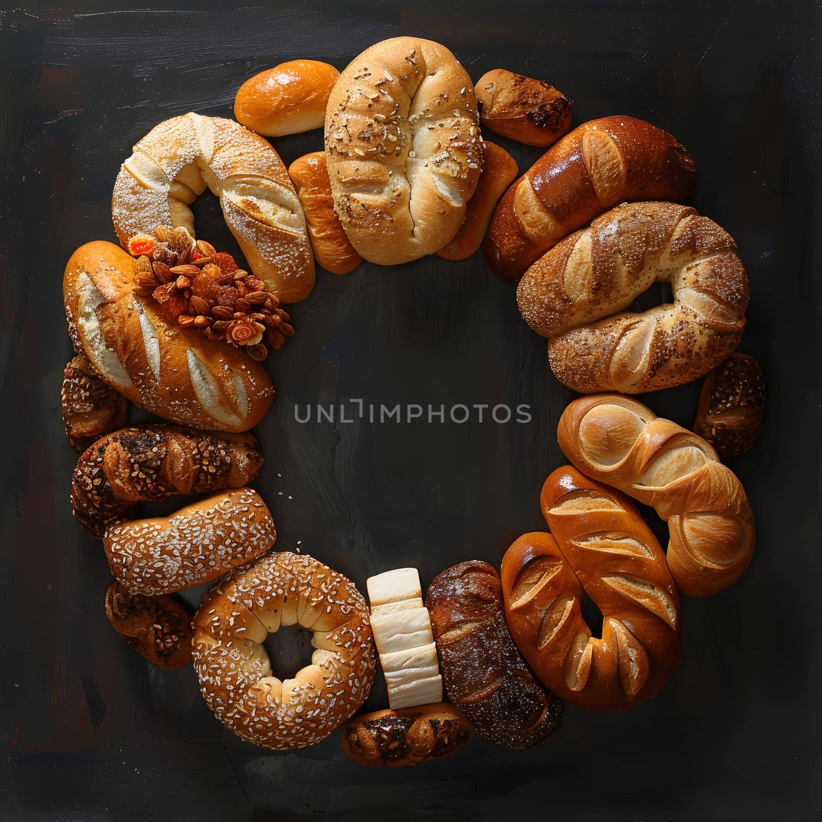 A variety of bread, a staple food in many cuisines, is arranged in a circle. Baked goods made with different ingredients showcase the diversity of cuisines around the world
