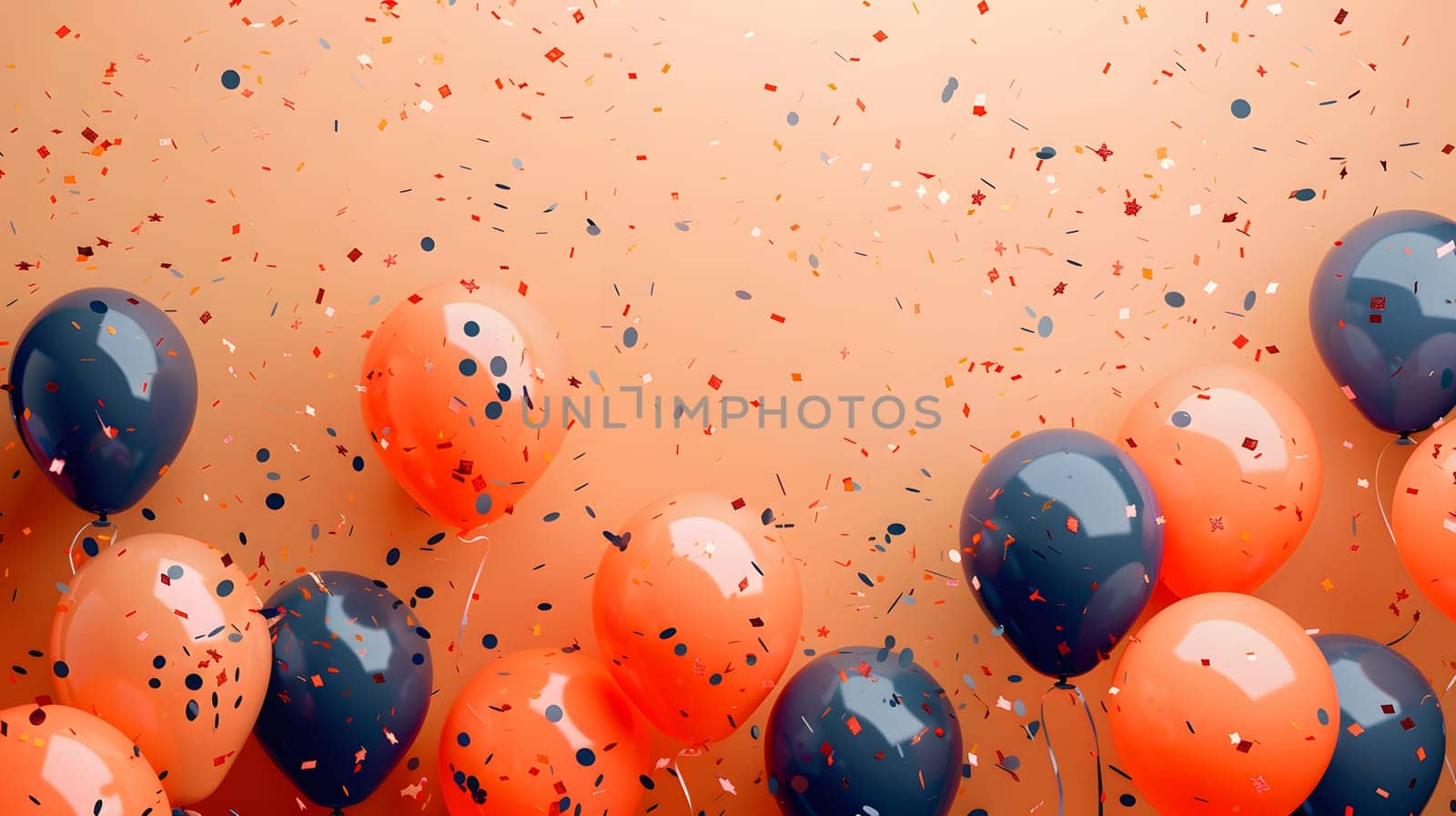 A mixture of orange and blue balloons and confetti float in the liquidlike brown background, creating a festive atmosphere for recreation and celebration