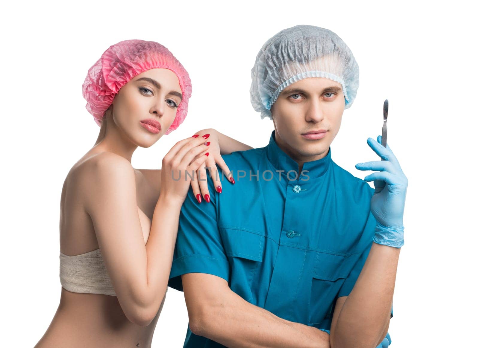 Plastic surgeon with his female pretty patient isolated cropped view on white background