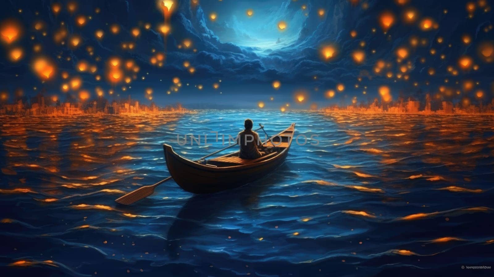 Night scenery of a man rowing a boat among many glowing moons floating on the sea, fantasy journey, surreal concept scenery artwork, dreamlike ocean. Generative AI weber. by biancoblue