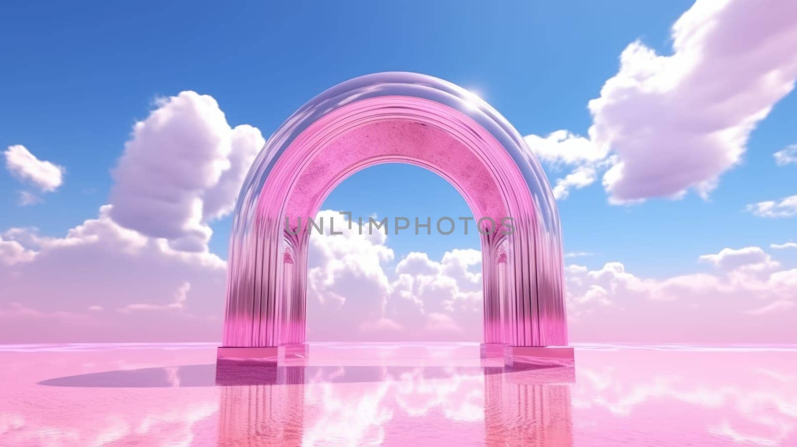 3d render Abstract aesthetic background. Surreal fantasy landscape. Water, pink desert, neon linear arch and chrome metallic gate under the blue sky with white clouds. Generative AI image weber.