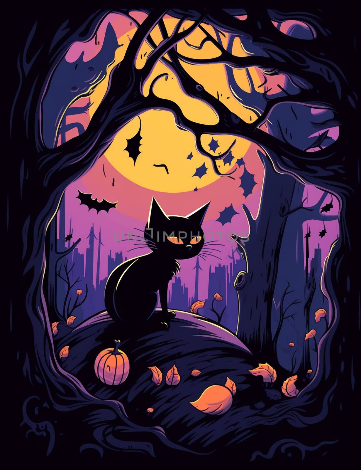 Cute black cat, Halloween cat against the backdrop of a spooky forest and surrounded by pumpkins. AI Generated