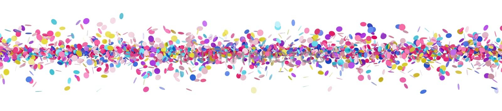 Colorful confetti line isolated on white background. Multicolor, vibrant foreground. Border. Particles row. Cut out graphic design elements. Happy birthday, party decoration. 3D render