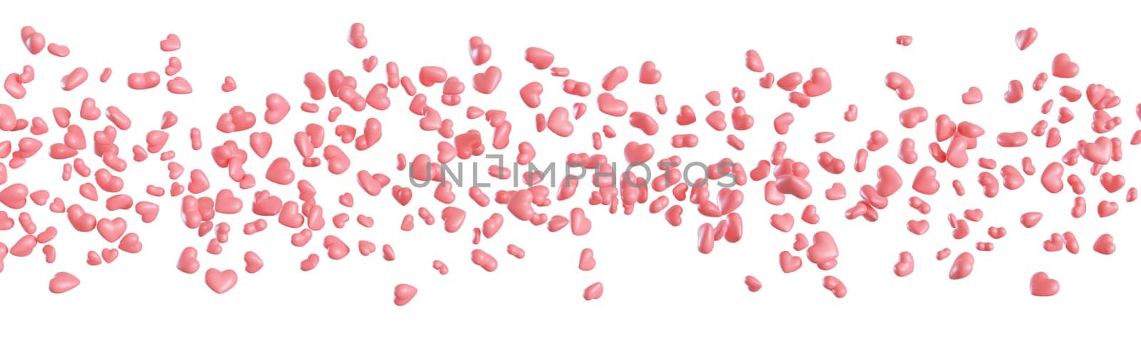 Pink hearts line isolated on white background. Cute foreground. Border. Particles row. Cut out graphic design elements. Valentine's Day decoration. Small hearts. Love symbol. 3D render