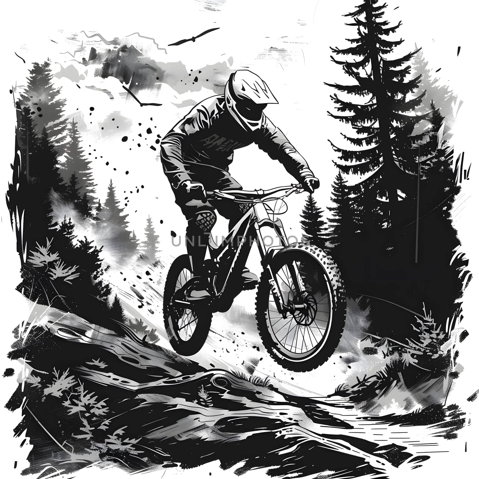 A person is enjoying recreational mountain biking on a trail through the woods, riding a land vehicle with bicycle wheels, tires, and frame