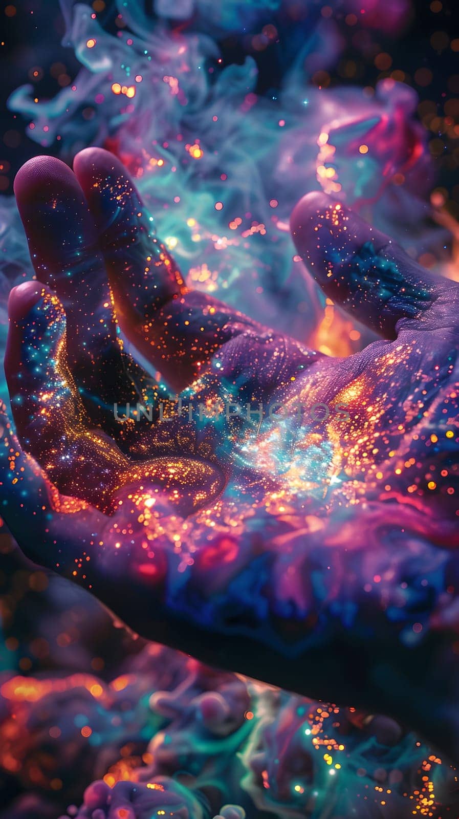 A closeup of a hand with glowinthedark liquid paint in shades of purple, magenta, electric blue, resembling a geological phenomenon or lava