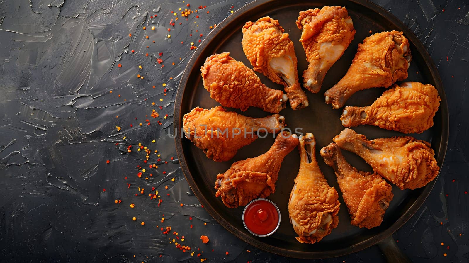Golden fried chicken drumsticks arranged in a circle with dipping sauce