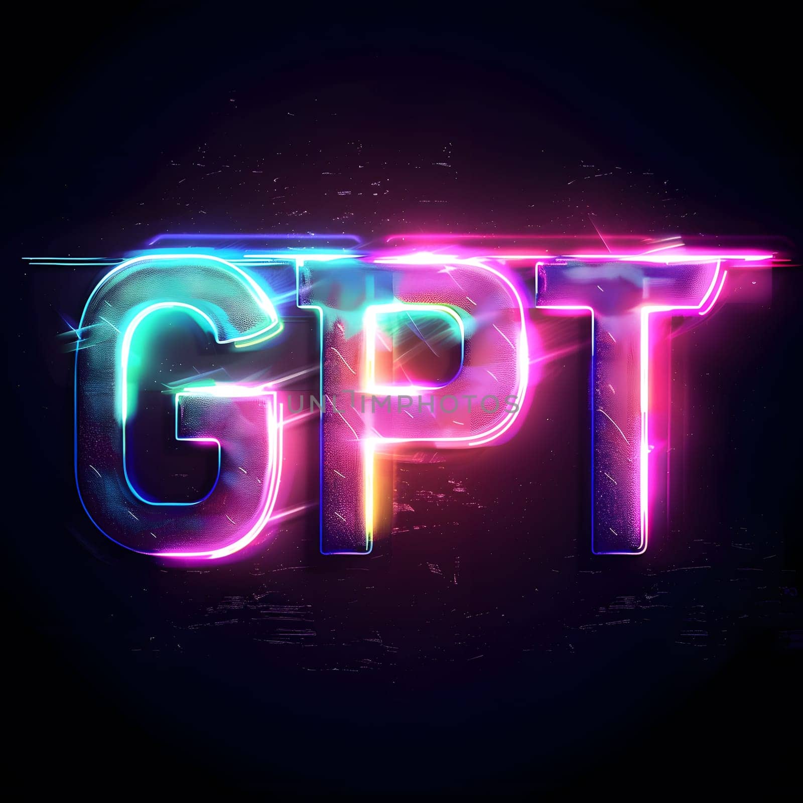 Vivid neon GPT text illuminating against a black backdrop, digital art design