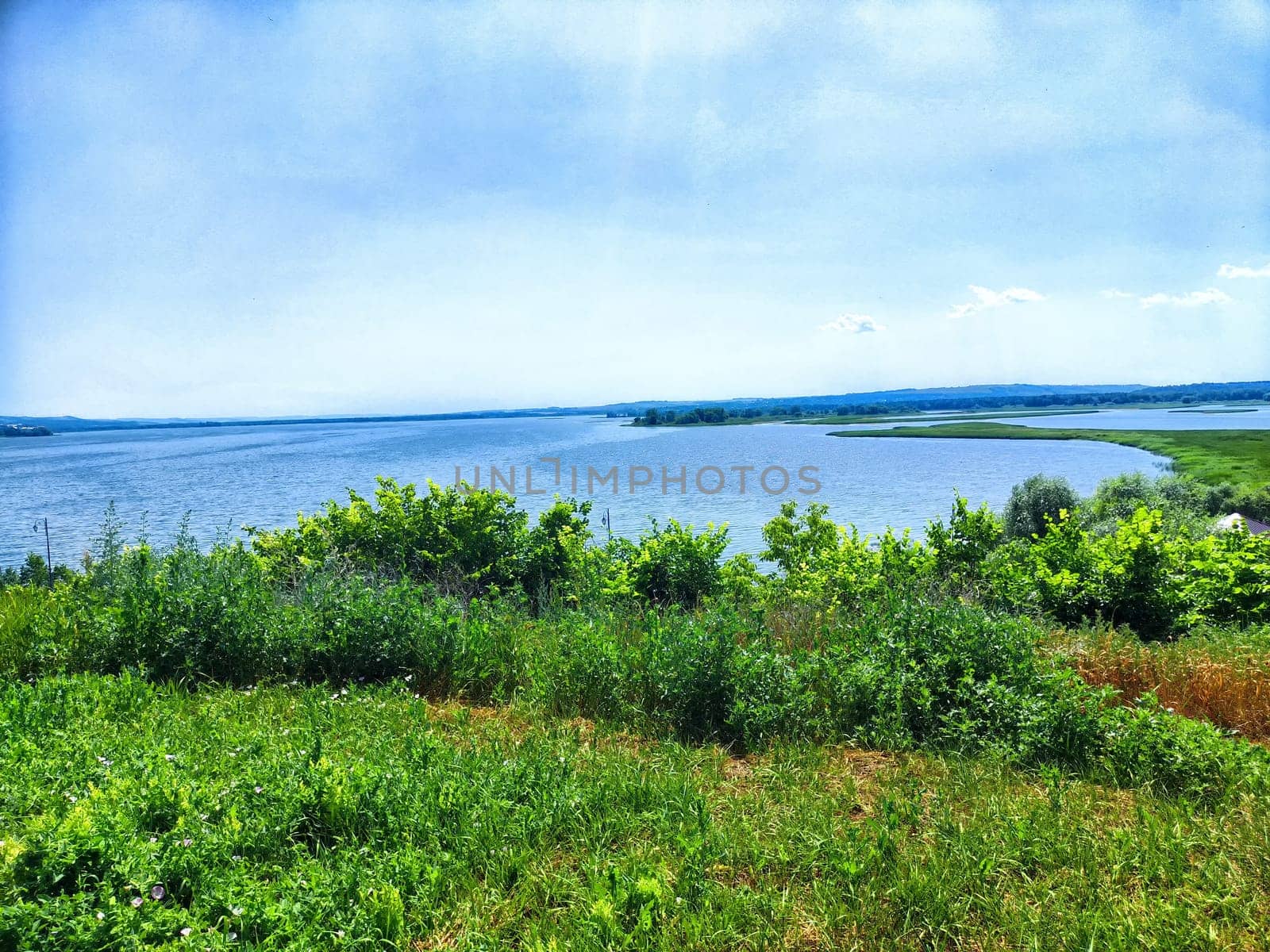 A peaceful lake is framed by vibrant green vegetation under clear blue skies.