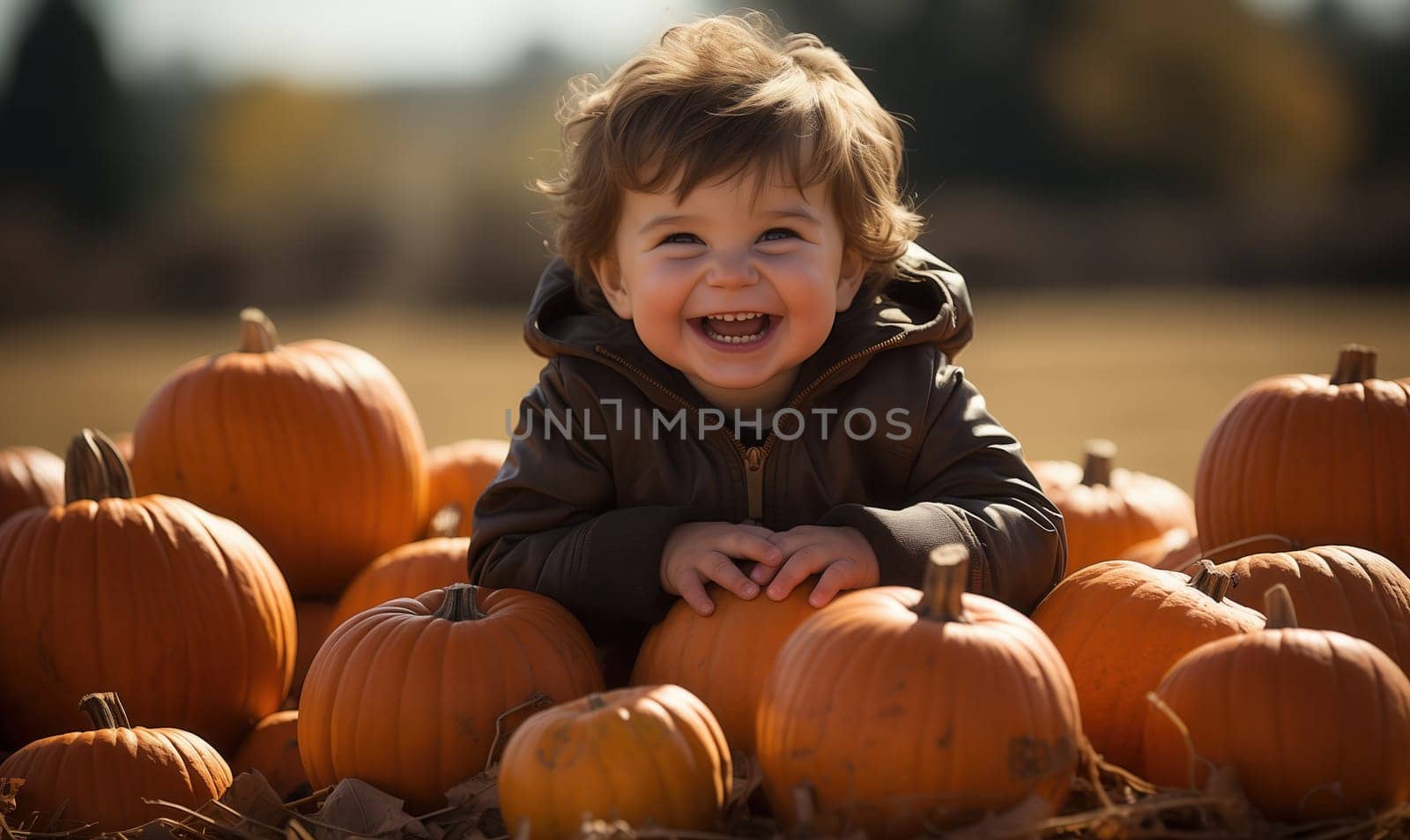 little child sitting in a field near a pumpkin. Selective focus.