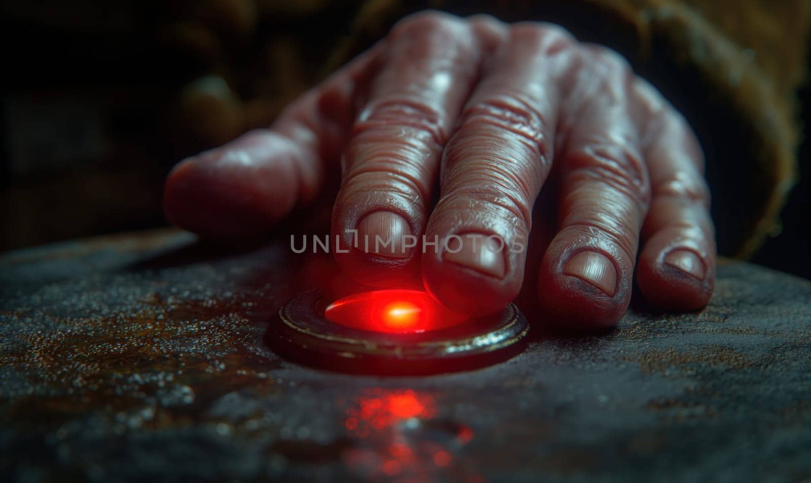 A hand presses a red button. Selective focus.