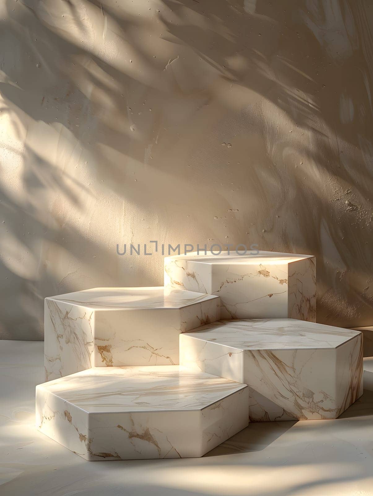 A group of marble blocks stacked on a wooden table, resembling a landscape painting. The sky merges with the natural landscape in the rectangular art piece
