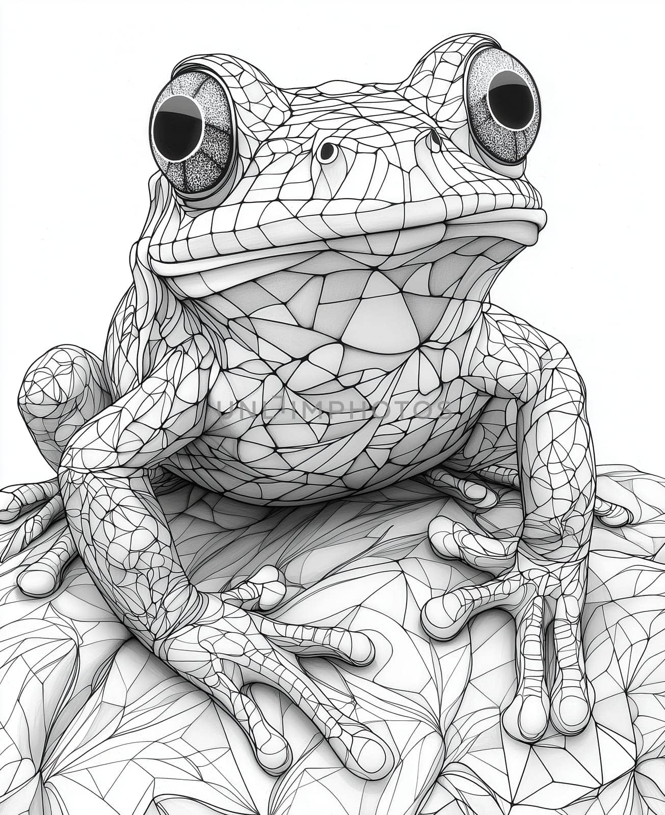 Coloring page for kids, coloring page colorful animal, frog made of geometric shapes