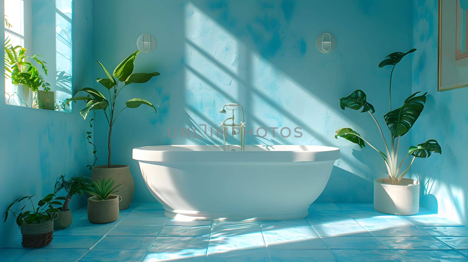 A house with azure walls and a bathtub, adorned with potted plants. The aqua houseplants in flowerpots bring life to the room