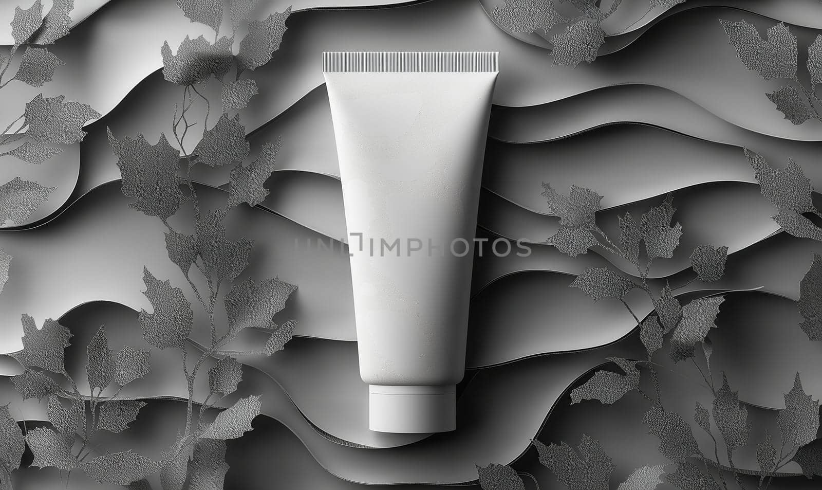 White tube of cream on creative gray background. Selective focus.