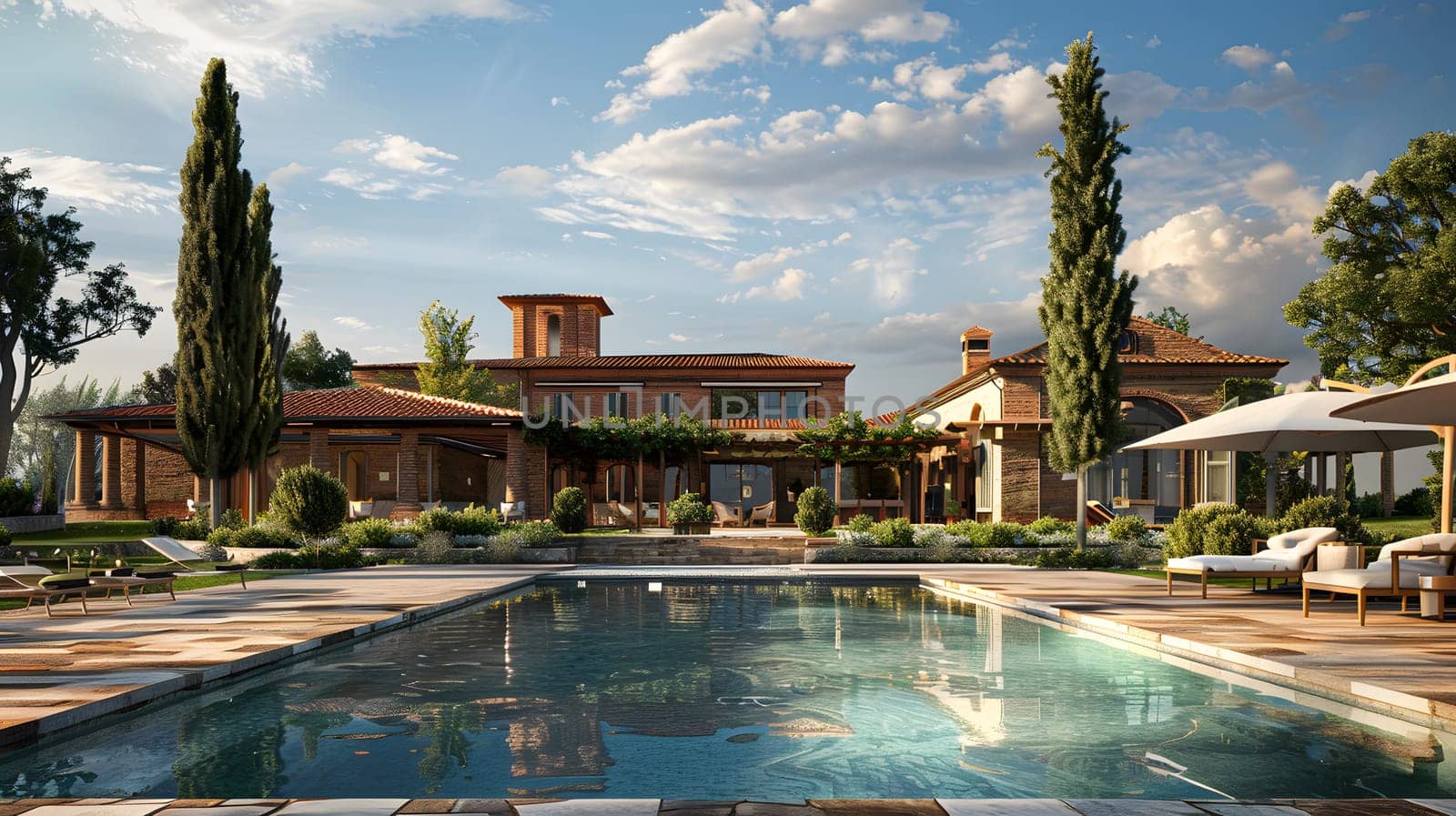 Luxurious modern villa featuring a pool, garden, and scenic surroundings.