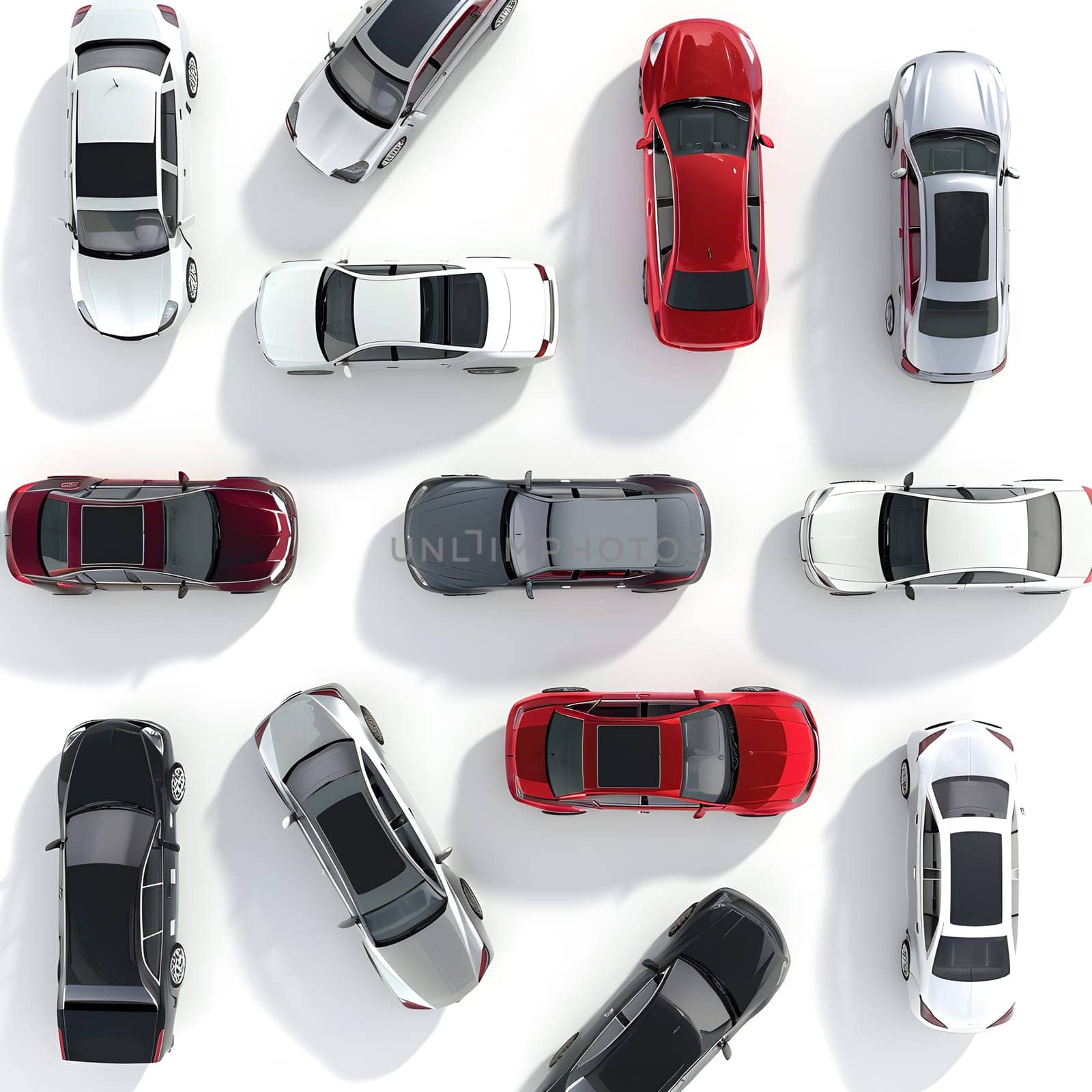Aerial view of assorted parked cars in red, white, and gray hues on a white surface.