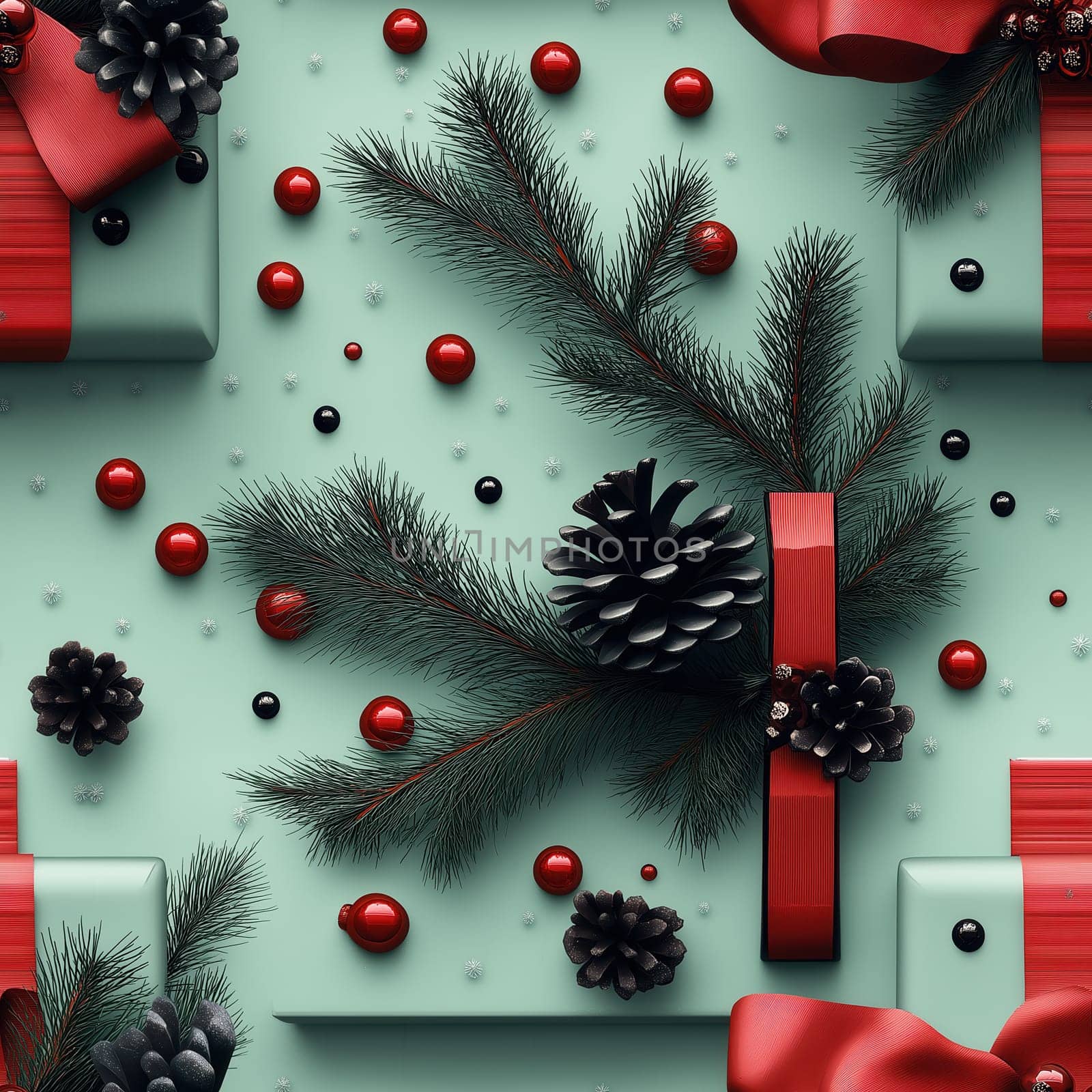 Seamless pattern, illustration with a Christmas tree and gifts on a green background. Selective focus.