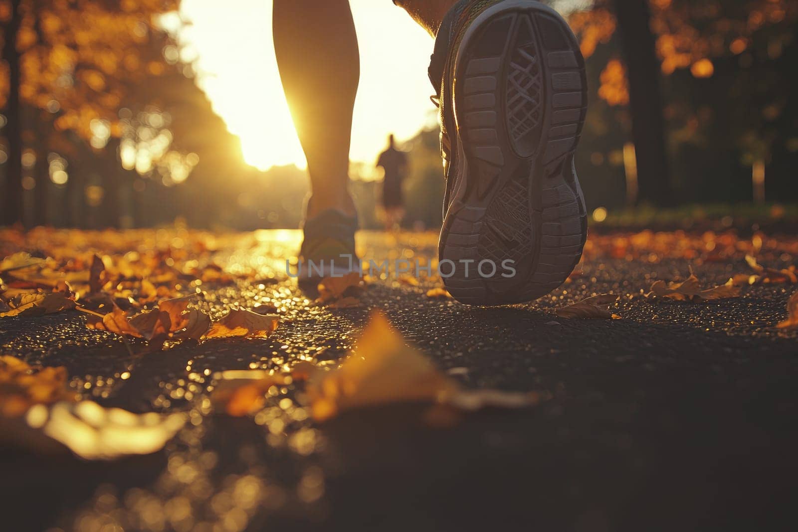 Close-up view of a runner's feet in athletic shoes hitting a path covered with autumn leaves, capturing the essence of outdoor fitness in a serene atmosphere.