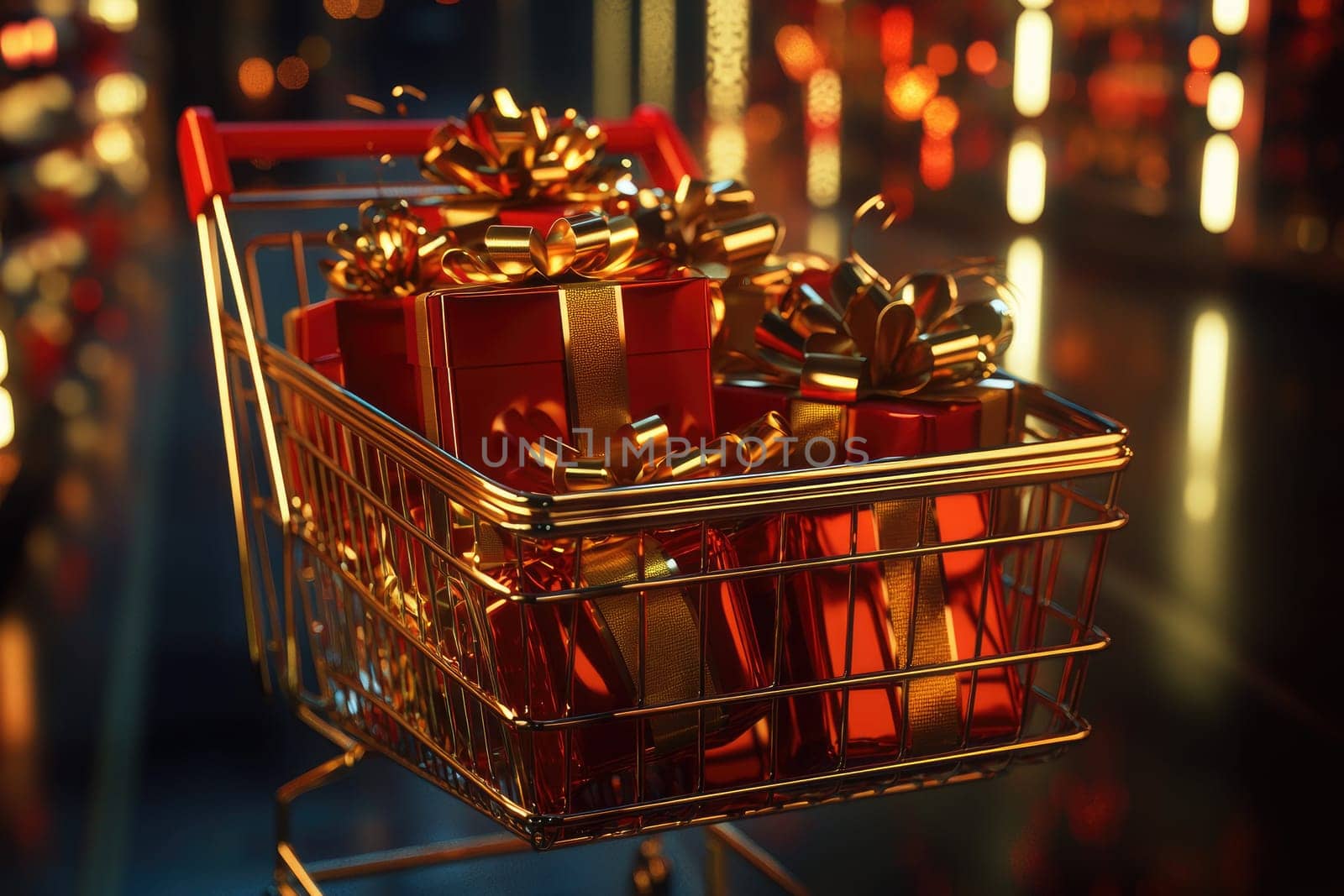 A modern shopping cart overflowing with elegantly wrapped gifts, showcasing a festive atmosphere perfect for the holiday season, highlights the joy of giving.