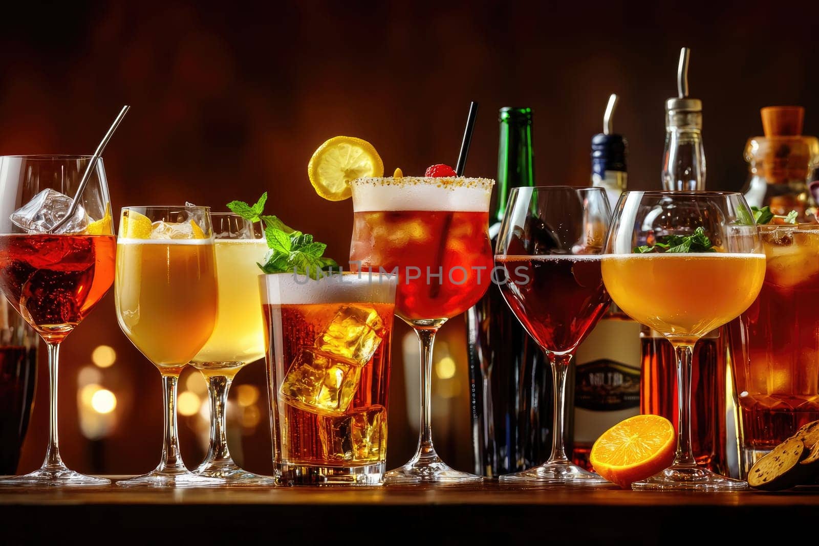 A vibrant collection of cocktails displayed on a bar counter, showcasing colorful drinks garnished with fresh fruits and herbs, perfect for any festive occasion.
