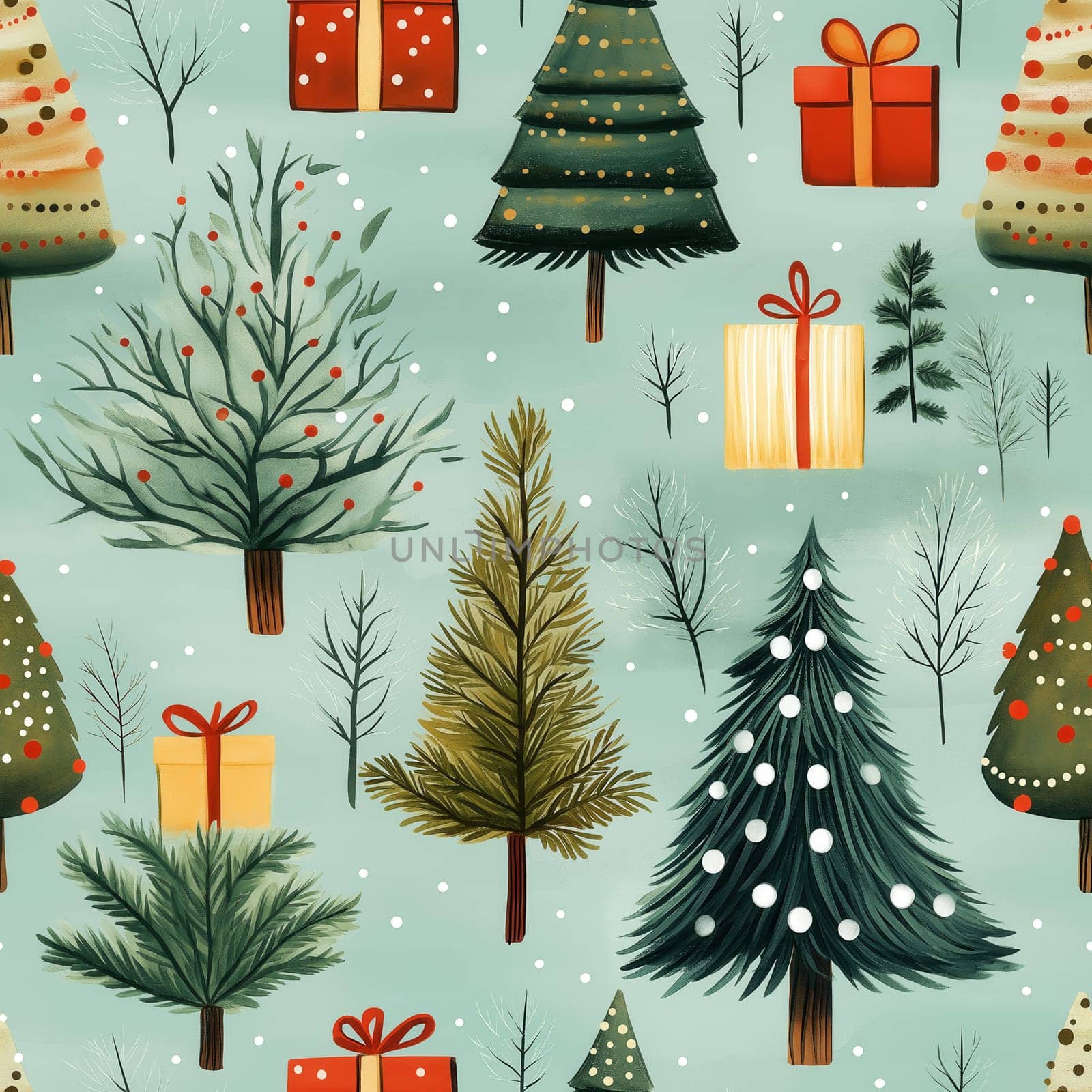 Seamless pattern, illustration with a Christmas tree and gifts on a green background. Selective focus.