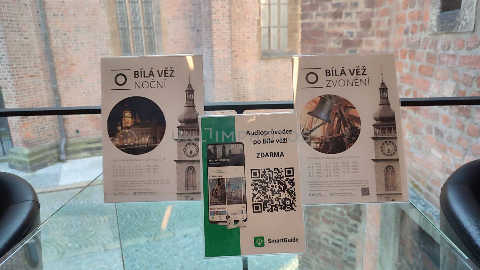 October 22 2024 Hradec Kralove, Czech Republic Europe, Kralov region, White Tower entrance , advertising information for tourists, old history building architecture city town, day. High quality photo