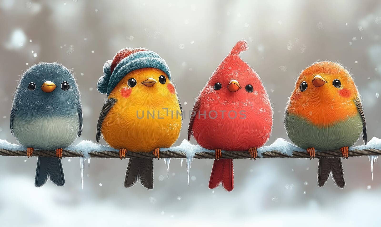 Illustration frozen colorful birds sitting on a wire on a winter day. Selective focus.