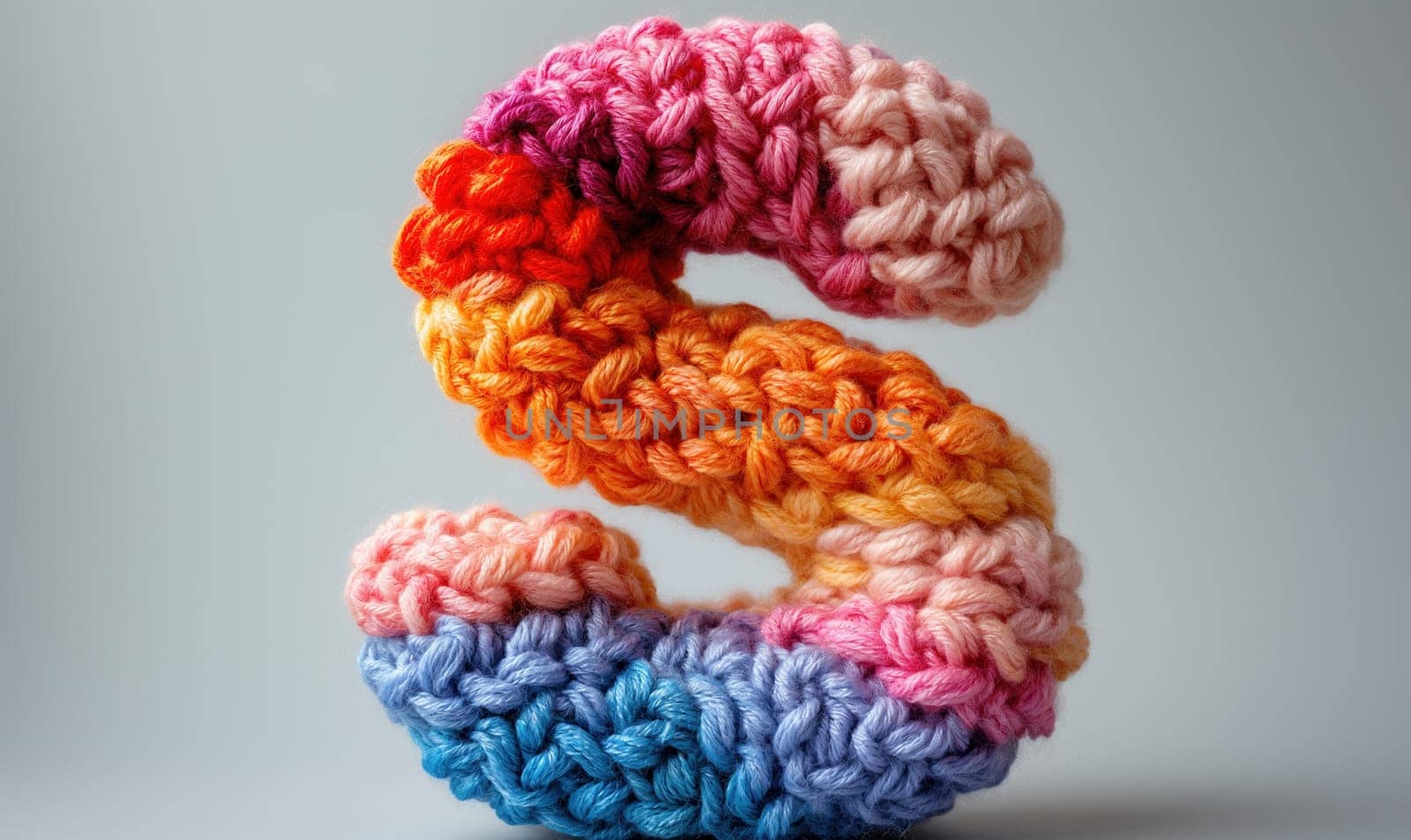 Knitted colored letter S on an abstract background. Selective focus.